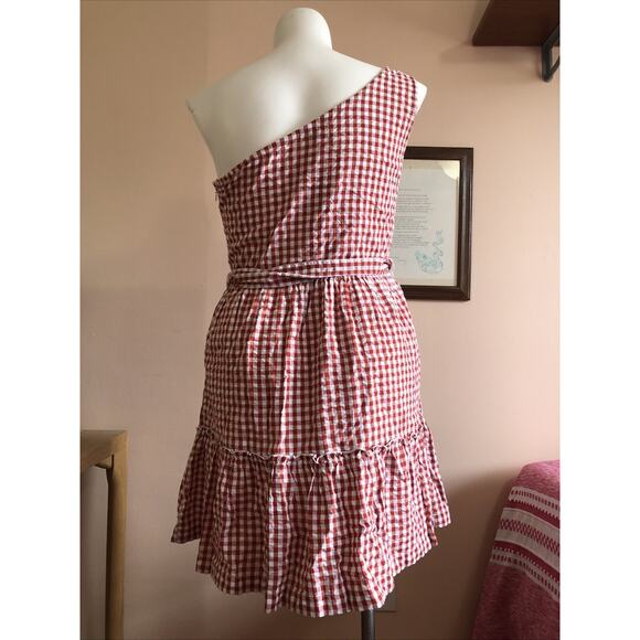 NWT Crown & Ivy One Shoulder Gingham Midi Dress Size 14 Red White Belted Lined - Picture 5 of 8